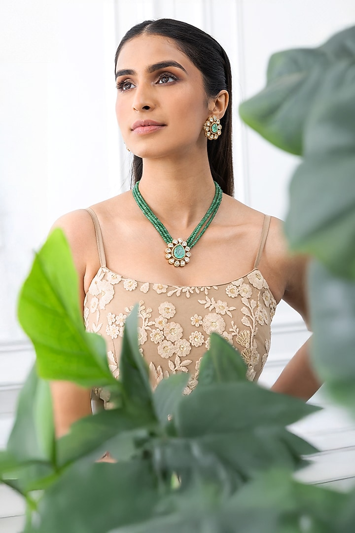 Gold Plated Green Beaded Choker Necklace Set by Joules By Radhika at Pernia's Pop Up Shop