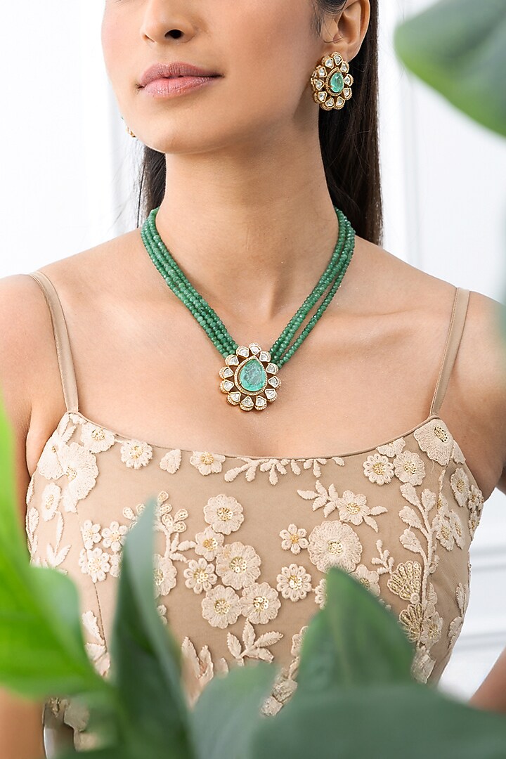 Gold Plated Green Beaded Choker Necklace Set by Joules By Radhika at Pernia's Pop Up Shop