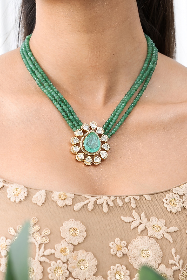 Gold Plated Green Beaded Choker Necklace Set by Joules By Radhika at Pernia's Pop Up Shop