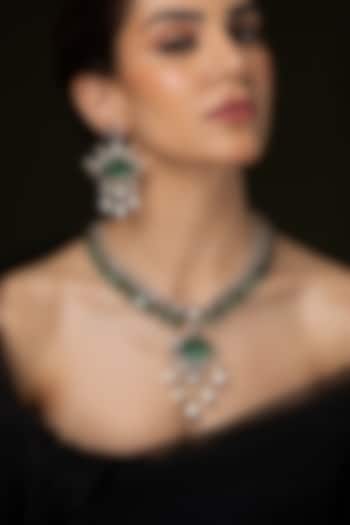 Gold Finish Deep Green Stone & Beaded Pendant Necklace Set by Joules By Radhika at Pernia's Pop Up Shop