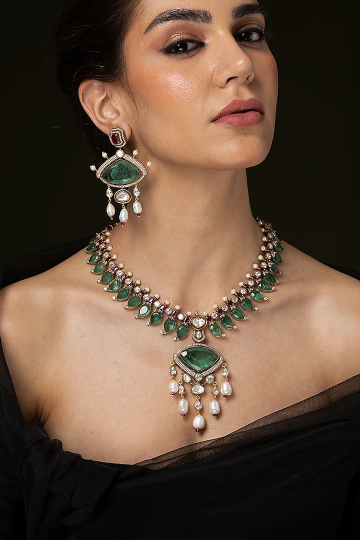 Gold Finish Deep Green Stone & Beaded Pendant Necklace Set by Joules By Radhika at Pernia's Pop Up Shop