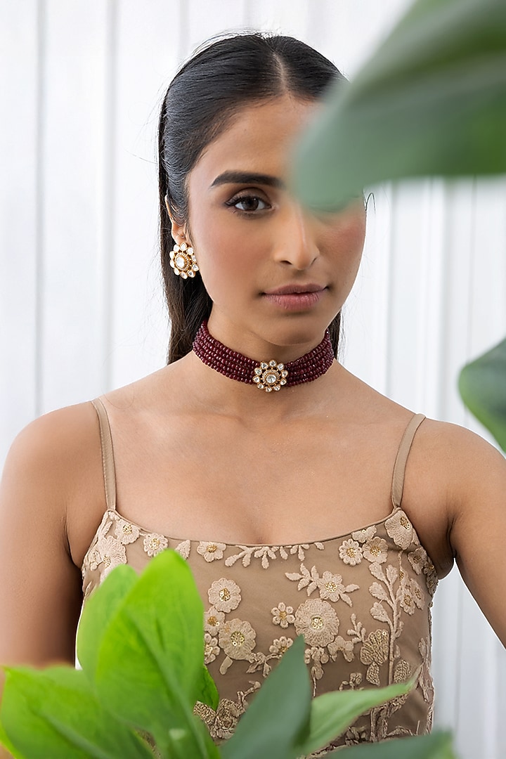 Gold Plated Maroon Beaded Necklace Set by Joules By Radhika at Pernia's Pop Up Shop