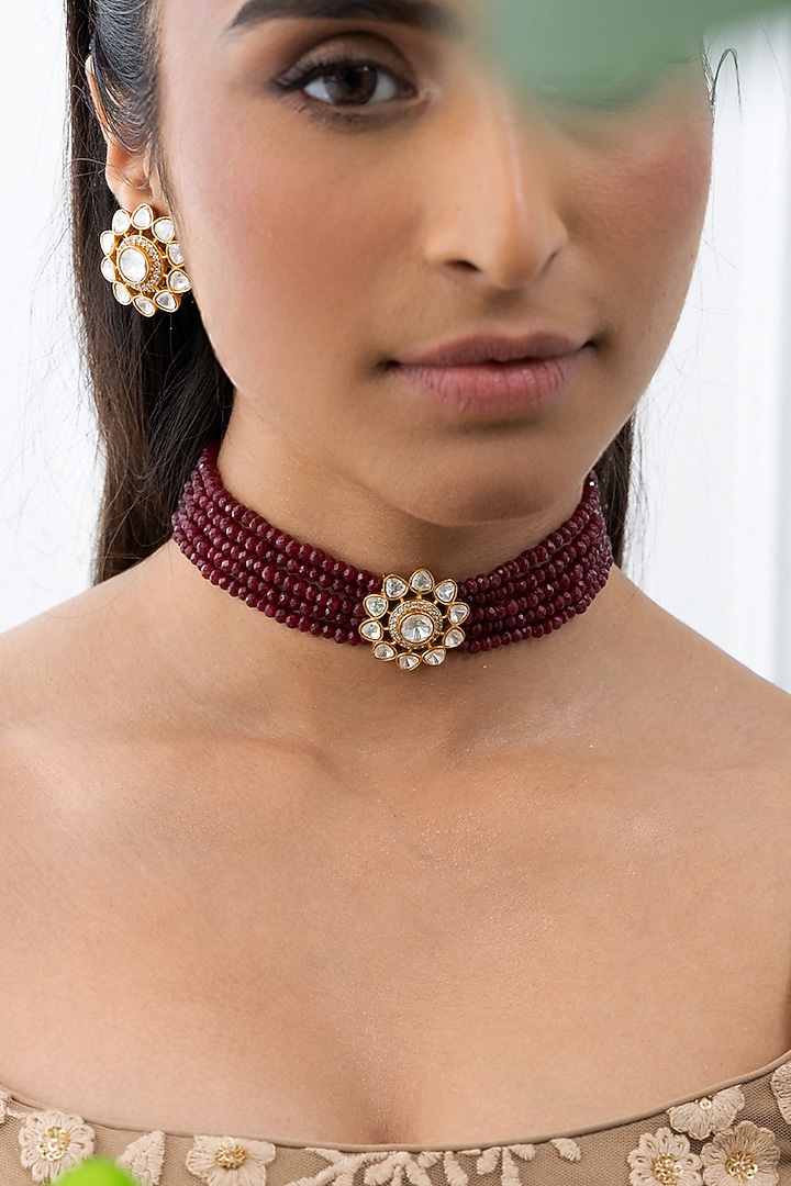 Gold Plated Maroon Beaded Necklace Set by Joules By Radhika at Pernia's Pop Up Shop