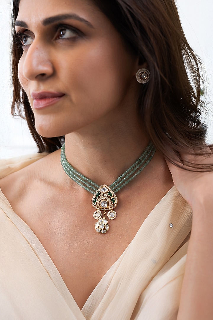 Gold Plated Green Beaded Choker Necklace Set by Joules By Radhika at Pernia's Pop Up Shop