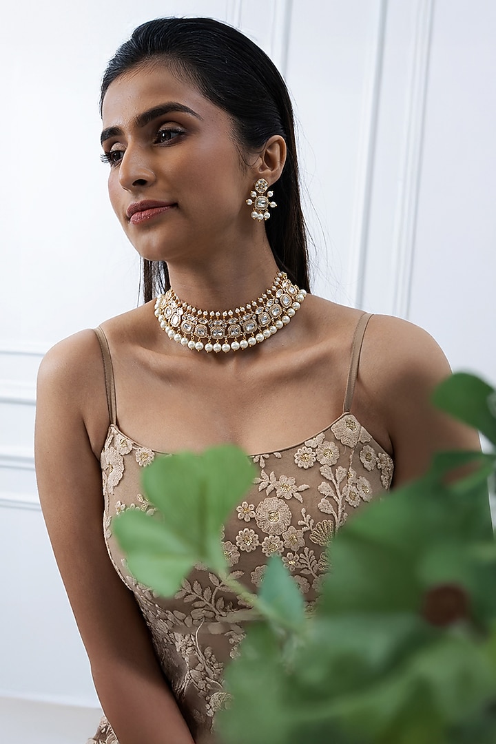 Gold Plated Kundan Polki Necklace Set by Joules By Radhika at Pernia's Pop Up Shop
