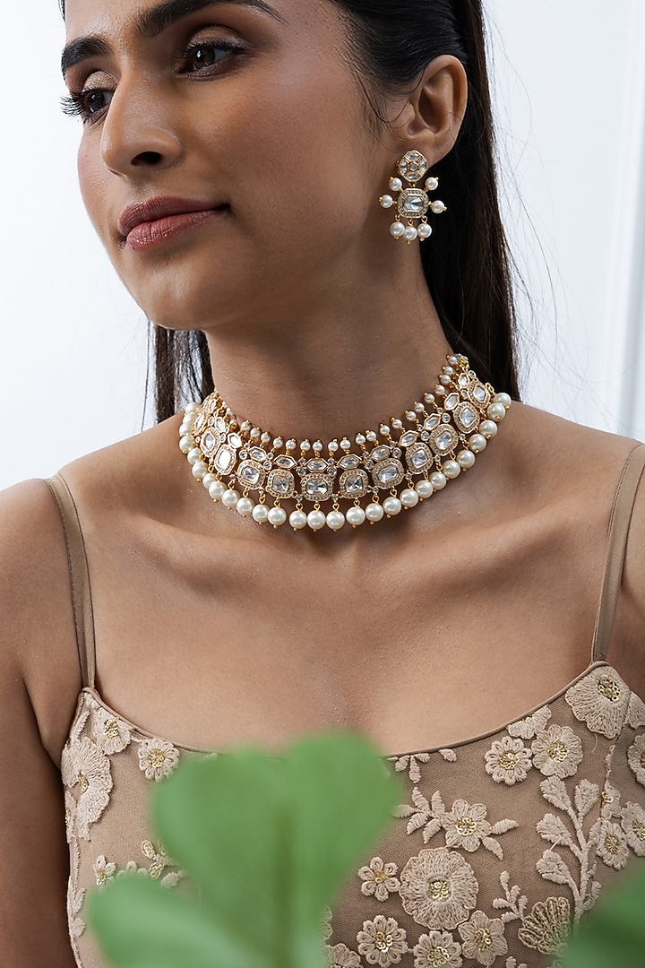 Gold Plated Kundan Polki Necklace Set by Joules By Radhika at Pernia's Pop Up Shop