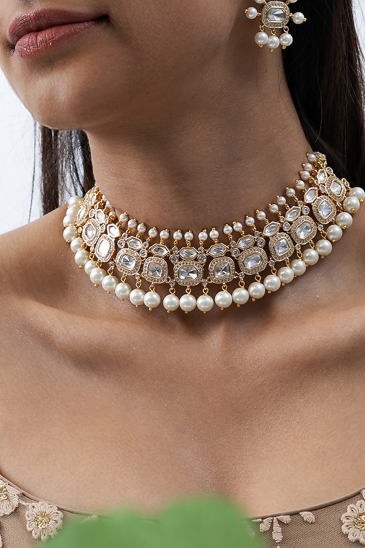 Gold Plated Kundan Polki Necklace Set by Joules By Radhika at Pernia's Pop Up Shop