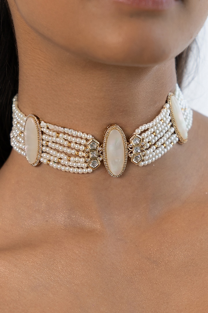 Gold Plated White Beaded Choker Necklace Set by Joules By Radhika at Pernia's Pop Up Shop