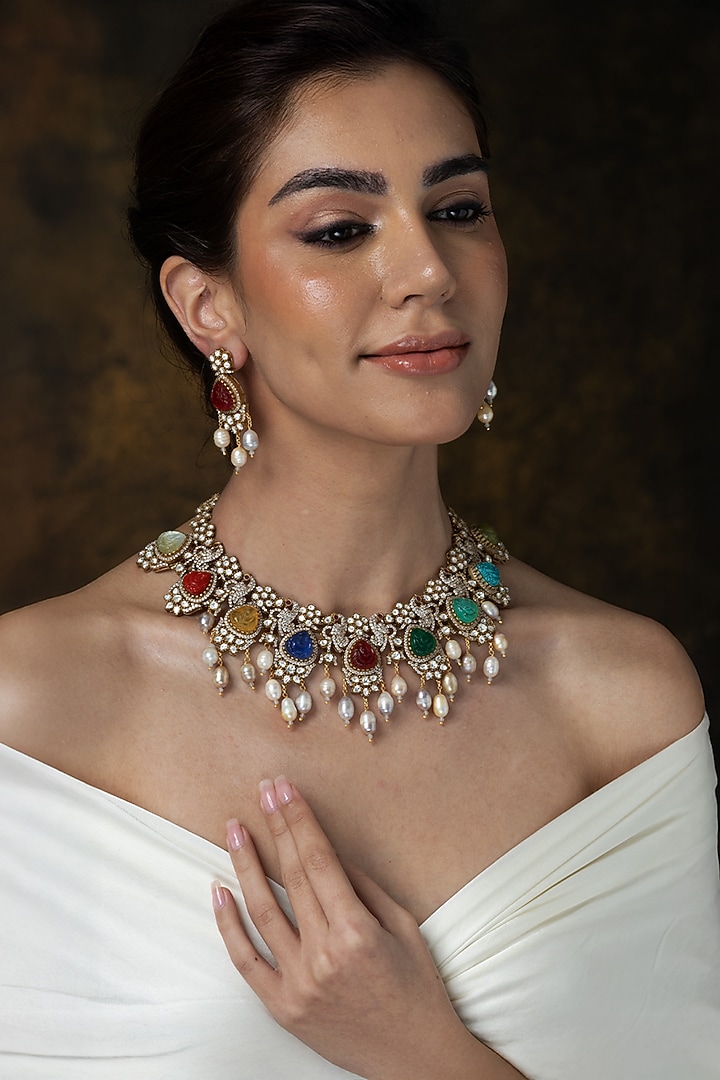 Gold Finish Multi-Colored Stone & Pearl Drop Floral Necklace Set by Joules By Radhika at Pernia's Pop Up Shop