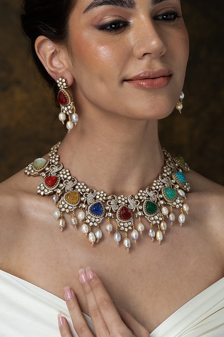 Gold Finish Multi-Colored Stone & Pearl Drop Floral Necklace Set by Joules By Radhika at Pernia's Pop Up Shop