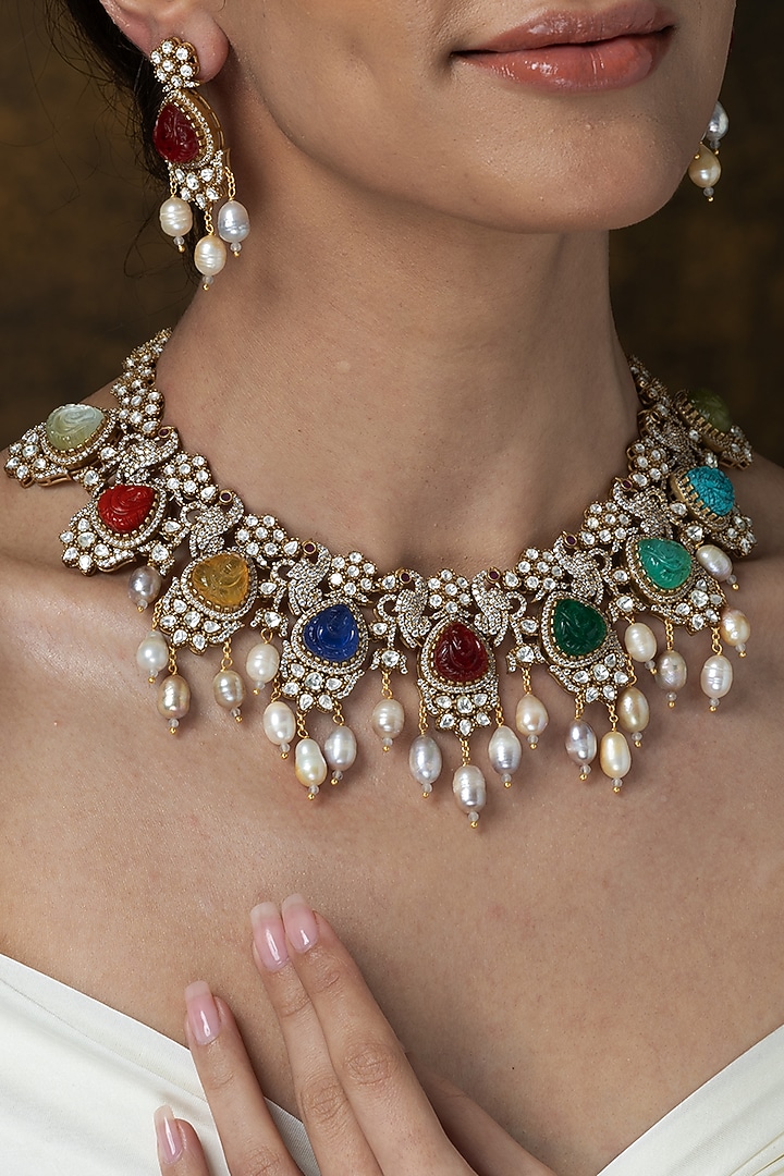 Gold Finish Multi-Colored Stone & Pearl Drop Floral Necklace Set by Joules By Radhika at Pernia's Pop Up Shop