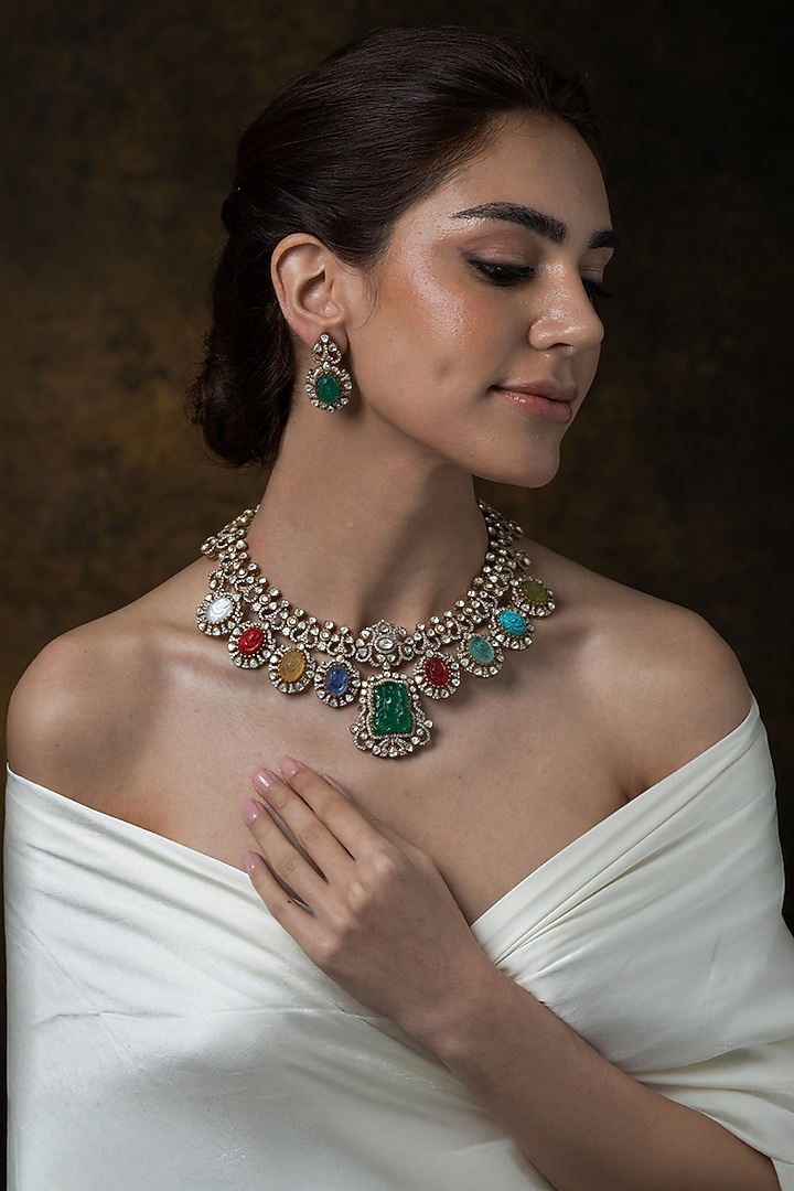 Gold Finish Multi-Colored Stone Pendant Necklace Set by Joules By Radhika at Pernia's Pop Up Shop