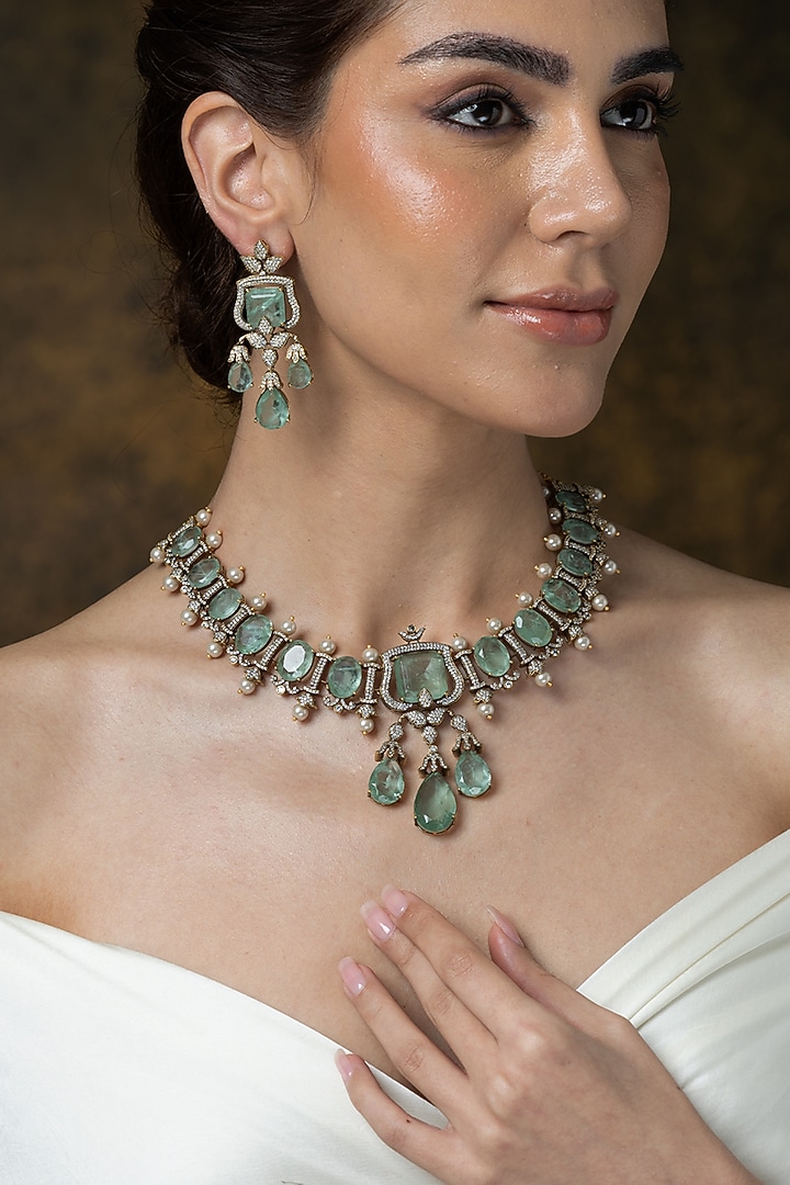 Gold Finish Green Stone Pendant Necklace Set by Joules By Radhika at Pernia's Pop Up Shop