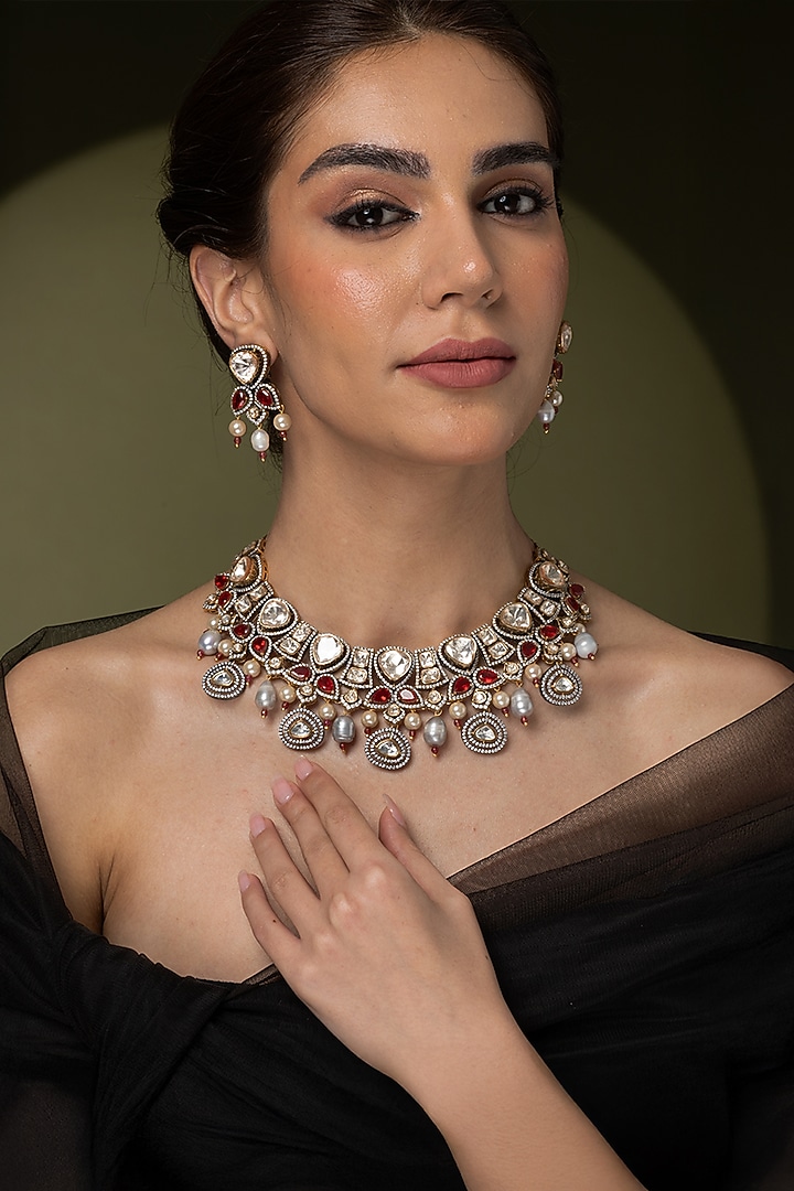 Gold Finish Ruby Stone Necklace Set by Joules By Radhika at Pernia's Pop Up Shop