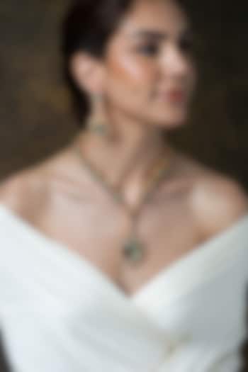 Gold Finish Green Stone Long Pendant Necklace Set by Joules By Radhika at Pernia's Pop Up Shop