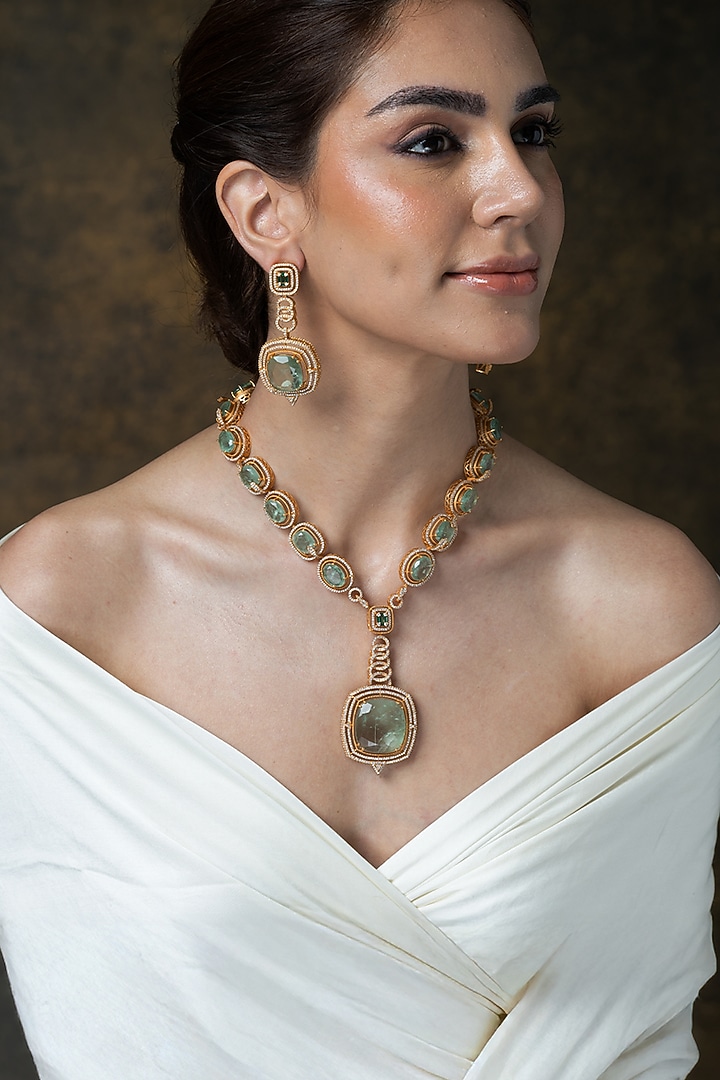 Gold Finish Green Stone Long Pendant Necklace Set by Joules By Radhika at Pernia's Pop Up Shop