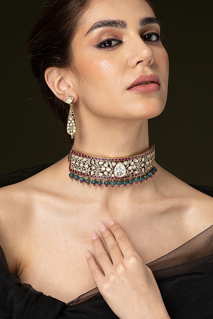 Gold Finish Ruby Stone Choker Necklace Set by Joules By Radhika at Pernia's Pop Up Shop