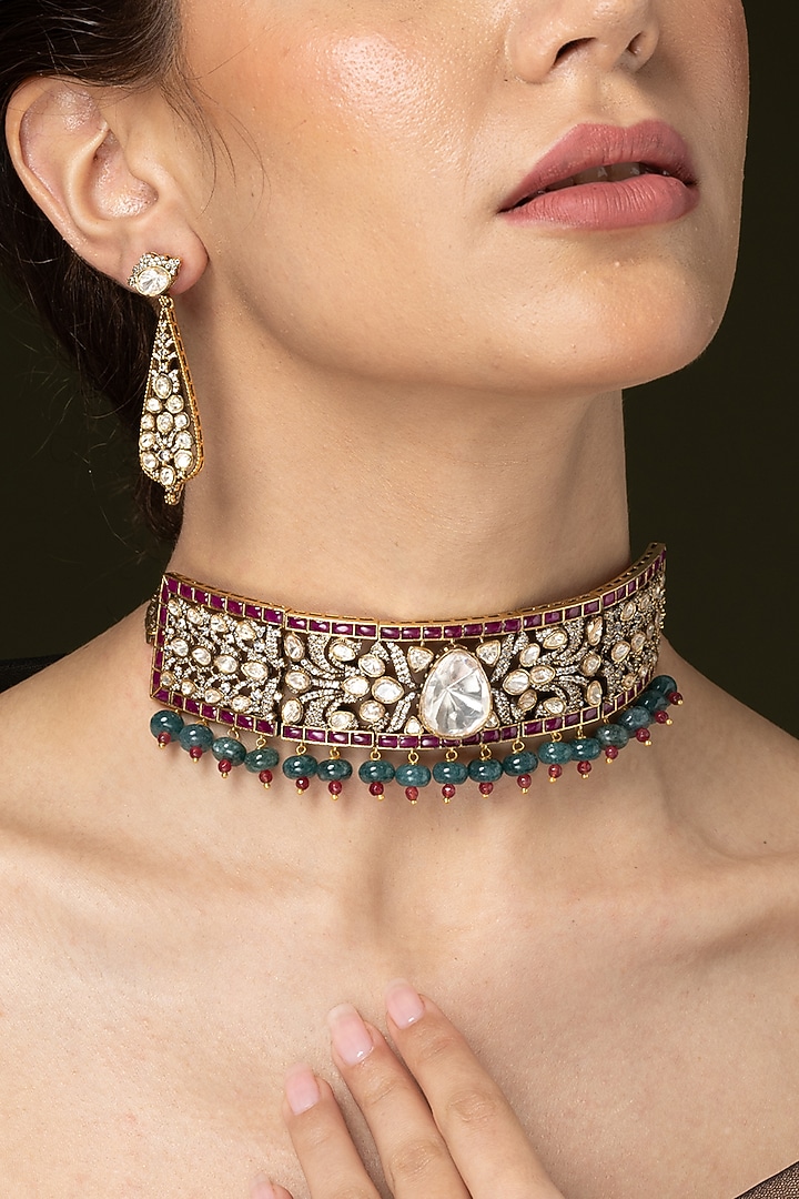 Gold Finish Ruby Stone Choker Necklace Set by Joules By Radhika at Pernia's Pop Up Shop