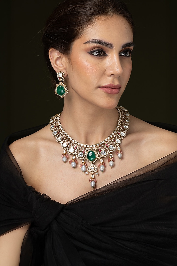 Gold Finish Multi-Colored Stone Necklace Set by Joules By Radhika at Pernia's Pop Up Shop
