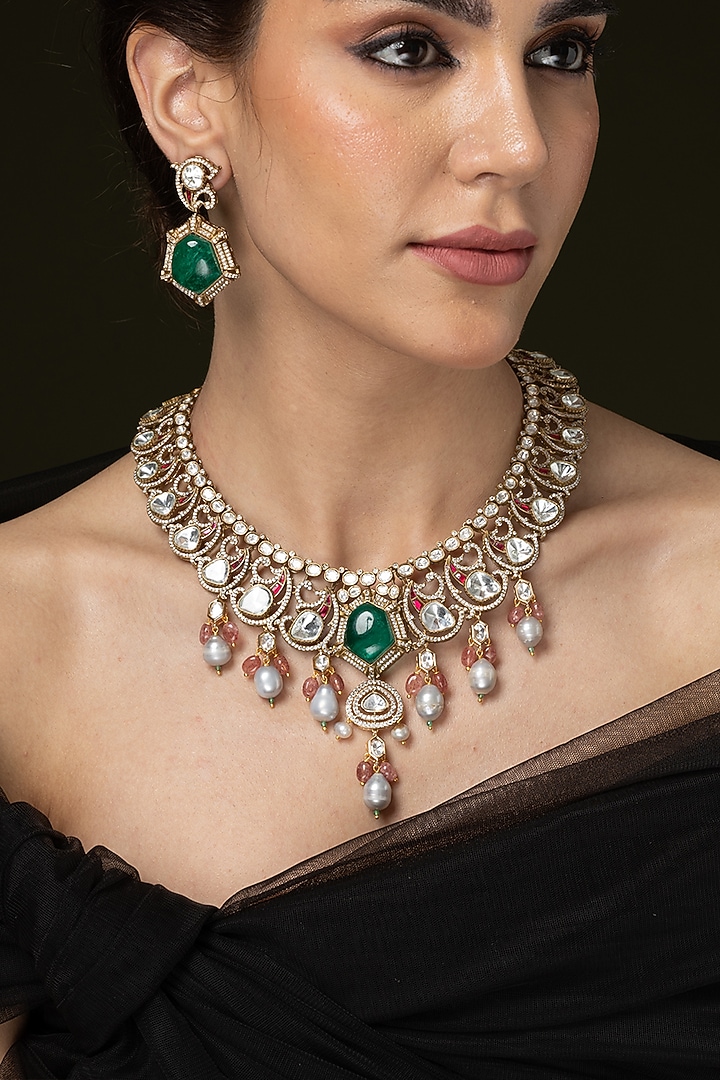 Gold Finish Multi-Colored Stone Necklace Set by Joules By Radhika at Pernia's Pop Up Shop