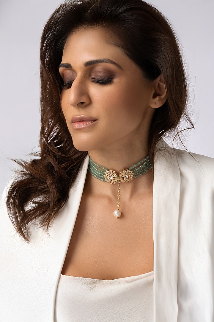 Gold Plated Mint Beaded & Pearl Choker Necklace by Joules By Radhika at Pernia's Pop Up Shop