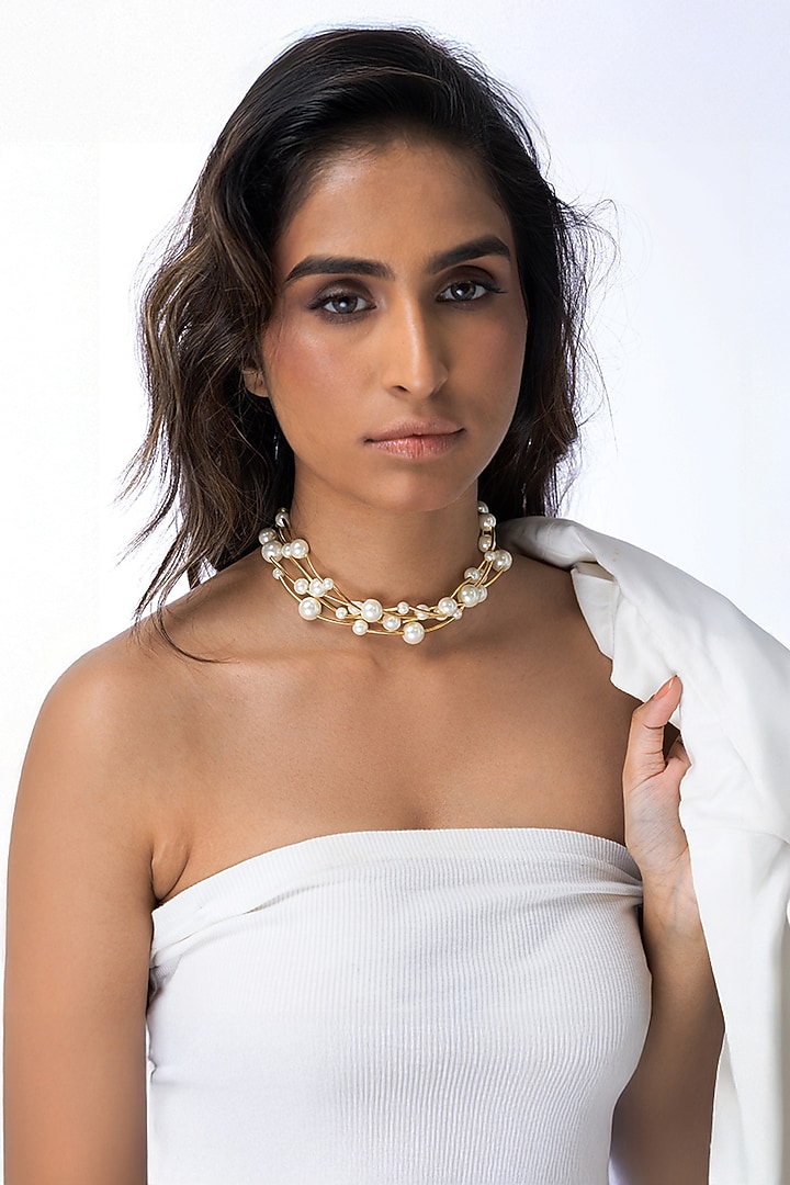 Gold Plated Pearl & Cluster Beaded Layered Necklace by Joules By Radhika at Pernia's Pop Up Shop