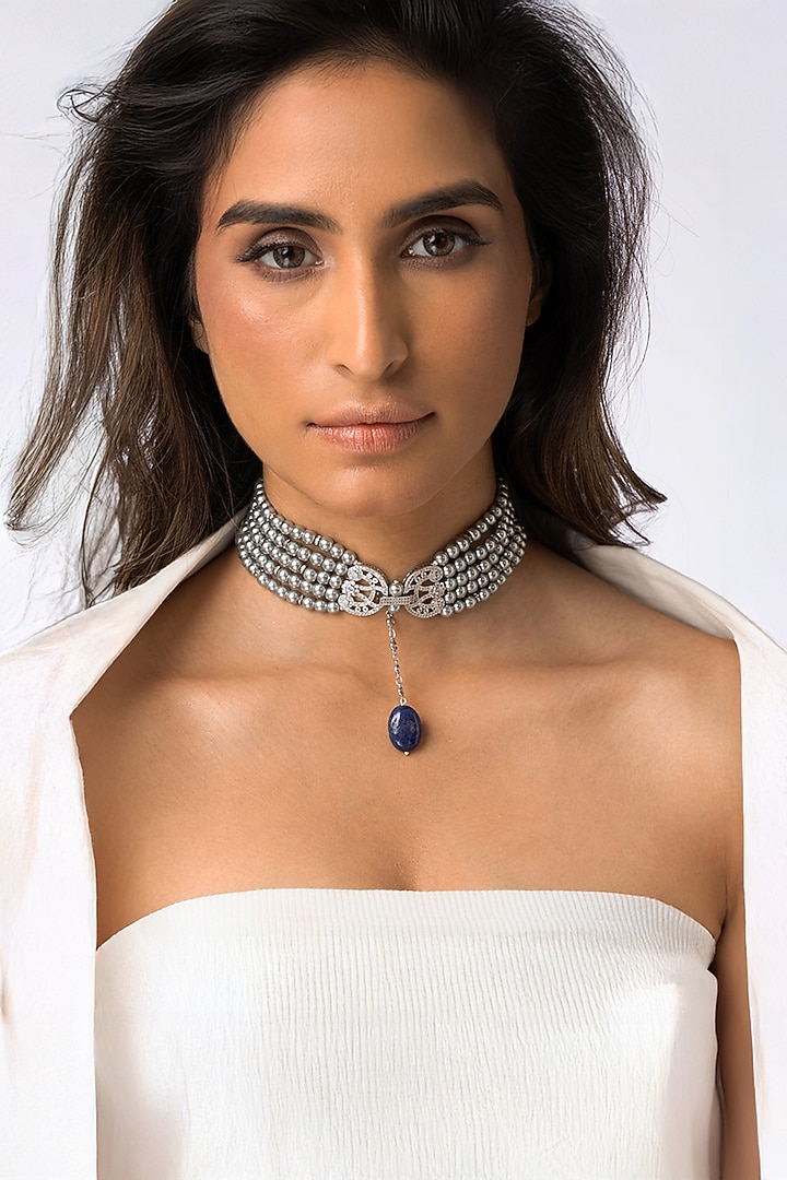 Gold Plated Pearl & Sapphire Stone Pendant Necklace by Joules By Radhika at Pernia's Pop Up Shop