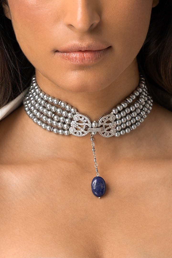 Gold Plated Pearl & Sapphire Stone Pendant Necklace by Joules By Radhika at Pernia's Pop Up Shop