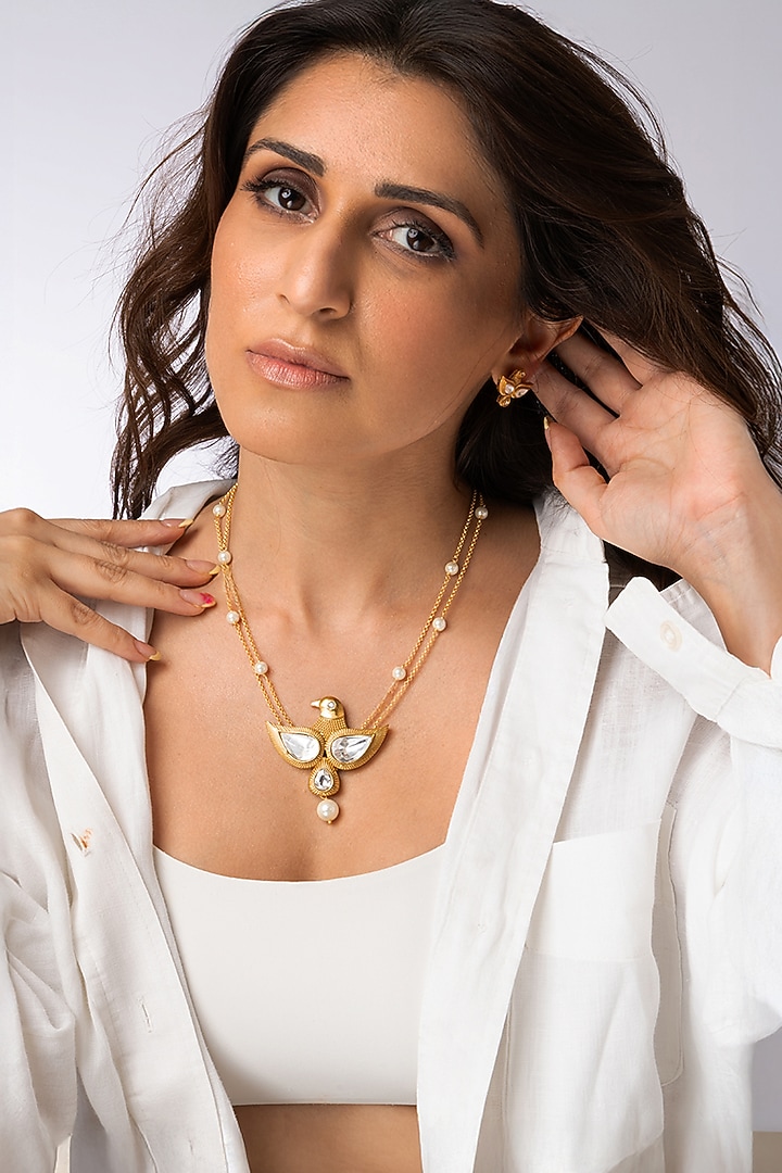 Gold Plated Pearl Bird Statement Necklace Set by Joules By Radhika at Pernia's Pop Up Shop