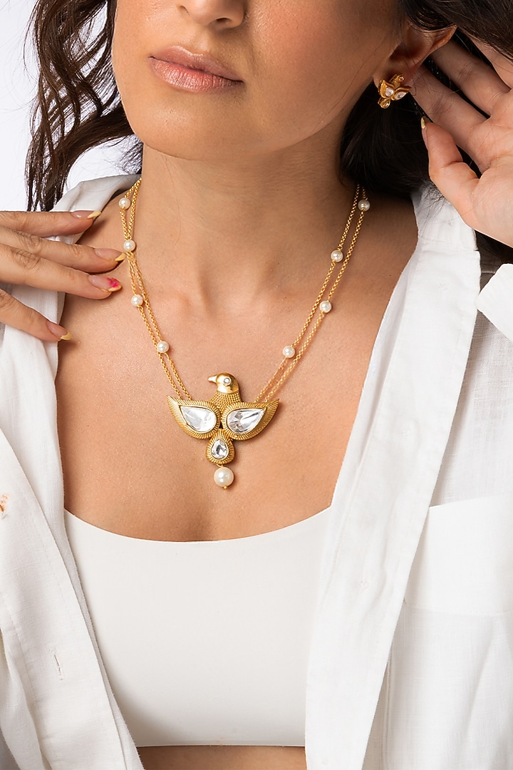 Gold Plated Pearl Bird Statement Necklace Set by Joules By Radhika at Pernia's Pop Up Shop