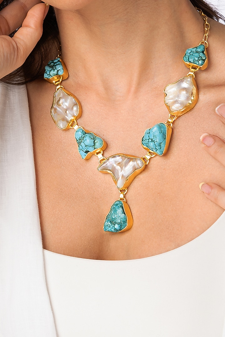 Gold Plated Blue & White Stone Necklace by Joules By Radhika at Pernia's Pop Up Shop