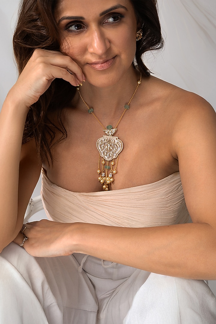 Gold Plated Green Stone & Pearl Pendant Necklace Set by Joules By Radhika at Pernia's Pop Up Shop