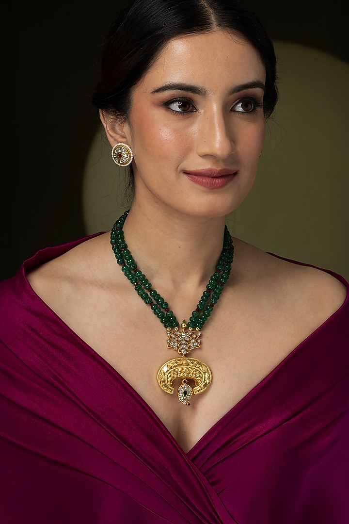 Gold Finish Green Beaded Long Necklace by Joules By Radhika at Pernia's Pop Up Shop