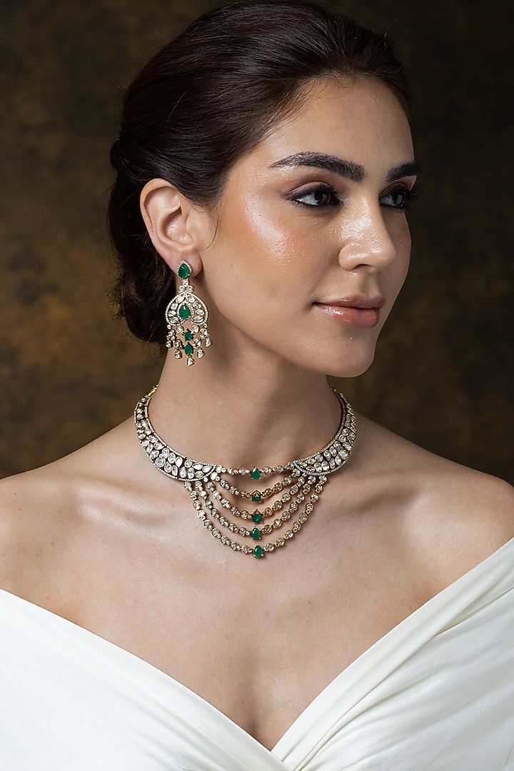 Gold Finish Emerald Green Stone Necklace Set by Joules By Radhika at Pernia's Pop Up Shop