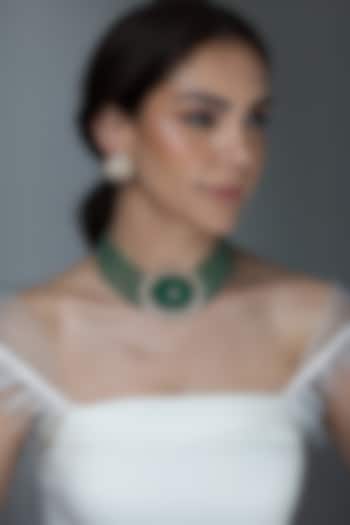 Gold Finish Green Hand-Carved Stone Long Necklace by Joules By Radhika at Pernia's Pop Up Shop