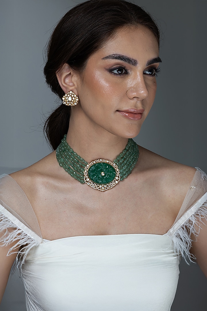 Gold Finish Green Hand-Carved Stone Long Necklace by Joules By Radhika at Pernia's Pop Up Shop