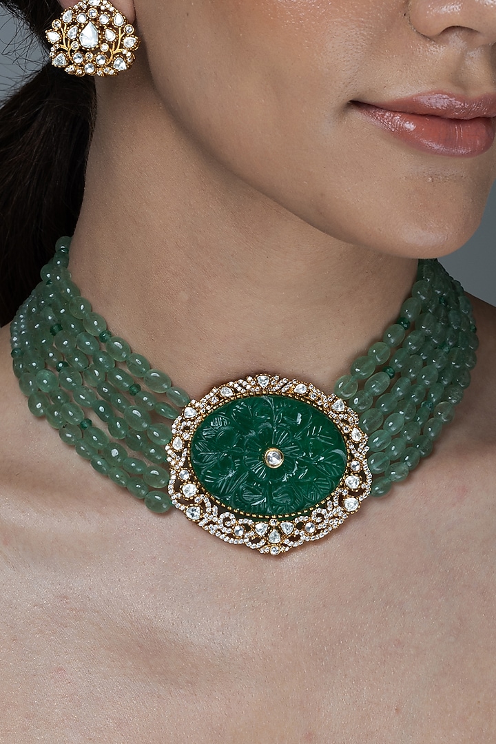 Gold Finish Green Hand-Carved Stone Long Necklace by Joules By Radhika at Pernia's Pop Up Shop