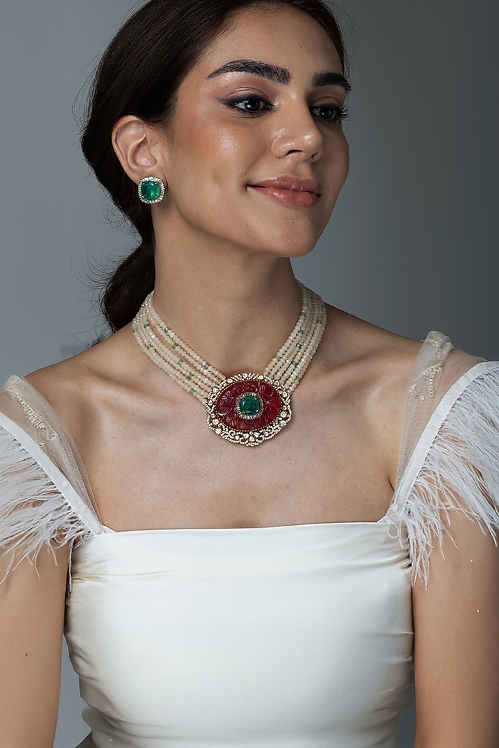 Gold Finish Kundan Polki & Red Stone Necklace Set by Joules By Radhika at Pernia's Pop Up Shop