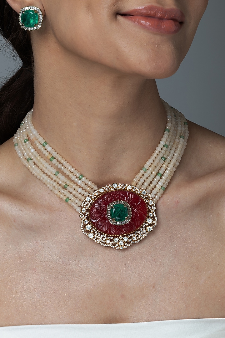 Gold Finish Kundan Polki & Red Stone Necklace Set by Joules By Radhika at Pernia's Pop Up Shop