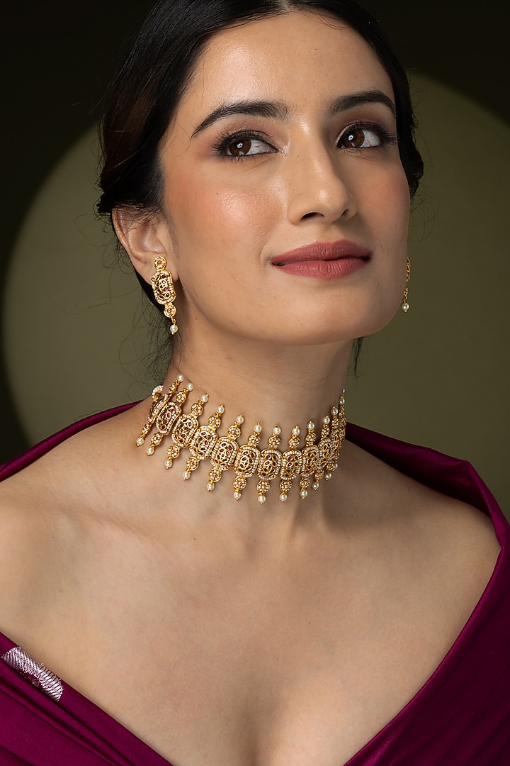 Gold Finish Pearl Drop Choker Necklace Set by Joules By Radhika at Pernia's Pop Up Shop