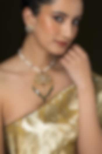 Gold Finish Kundan Polki & Emerald Drop Long Necklace Set by Joules By Radhika at Pernia's Pop Up Shop