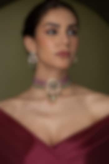 Gold Finish Pearl & Mint Green Drop Necklace Set by Joules By Radhika at Pernia's Pop Up Shop