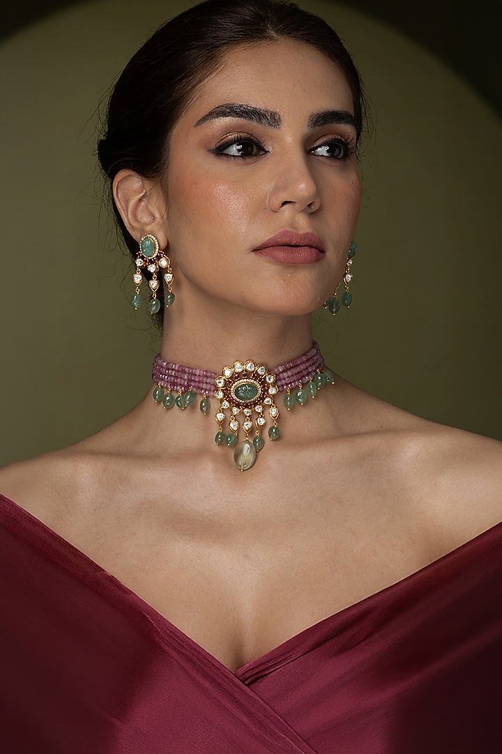 Gold Finish Pearl & Mint Green Drop Necklace Set by Joules By Radhika at Pernia's Pop Up Shop