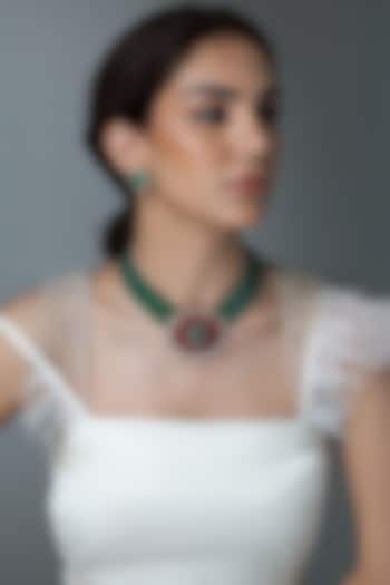 Gold Finish Green Onyx & Emerald Stone Long Pendant Necklace by Joules By Radhika at Pernia's Pop Up Shop