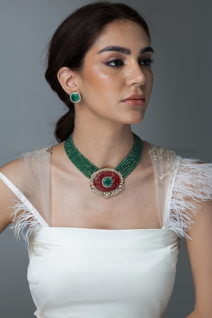 Gold Finish Green Onyx & Emerald Stone Long Pendant Necklace by Joules By Radhika at Pernia's Pop Up Shop