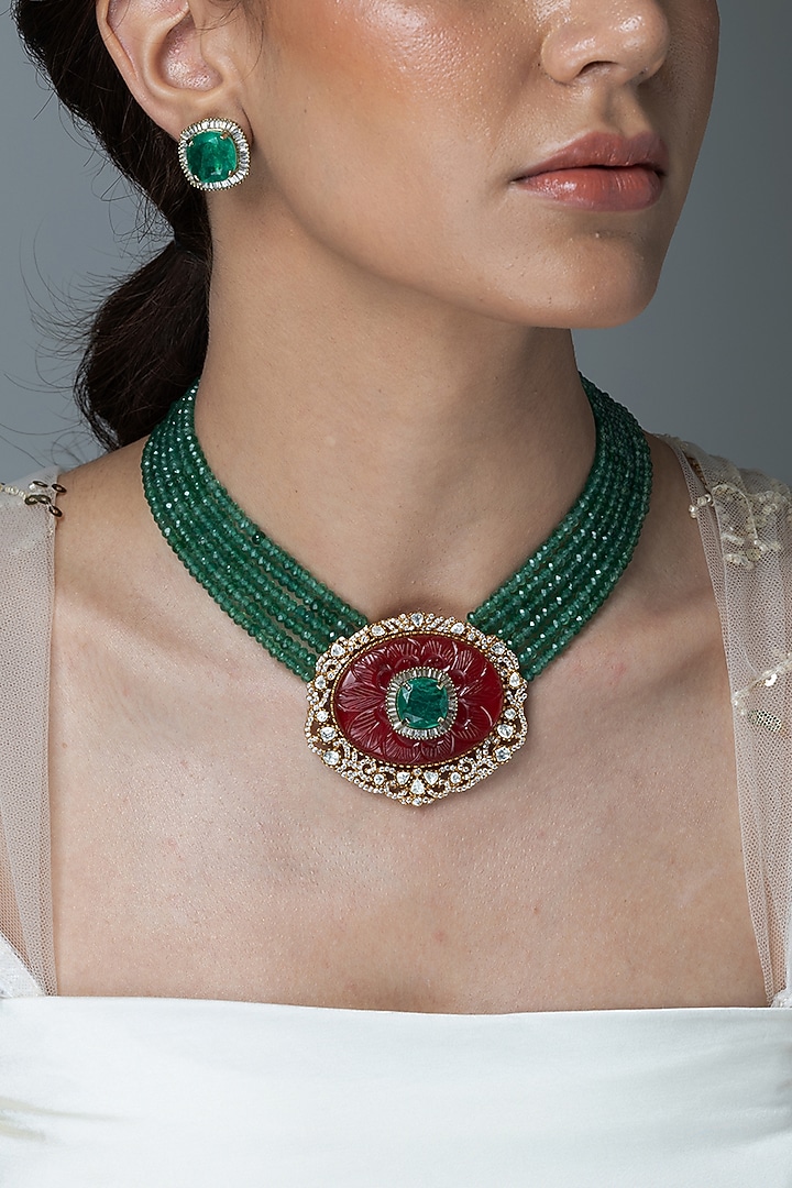 Gold Finish Green Onyx & Emerald Stone Long Pendant Necklace by Joules By Radhika at Pernia's Pop Up Shop