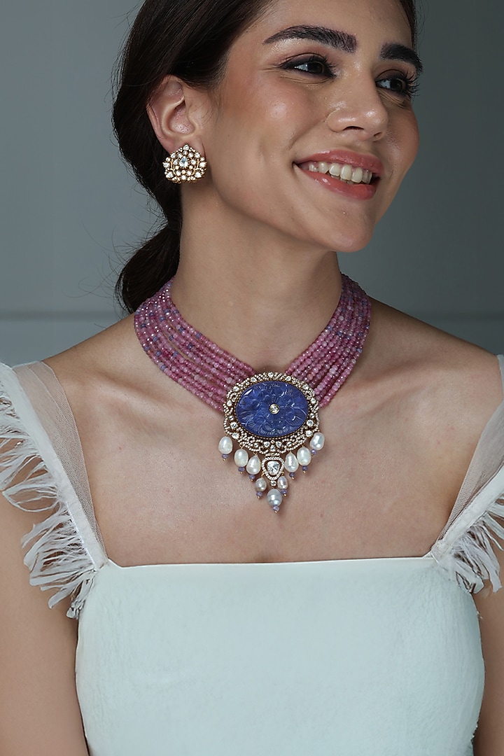 Gold Finish Lavender Beaded & Lapis Lazuli Necklace by Joules By Radhika at Pernia's Pop Up Shop