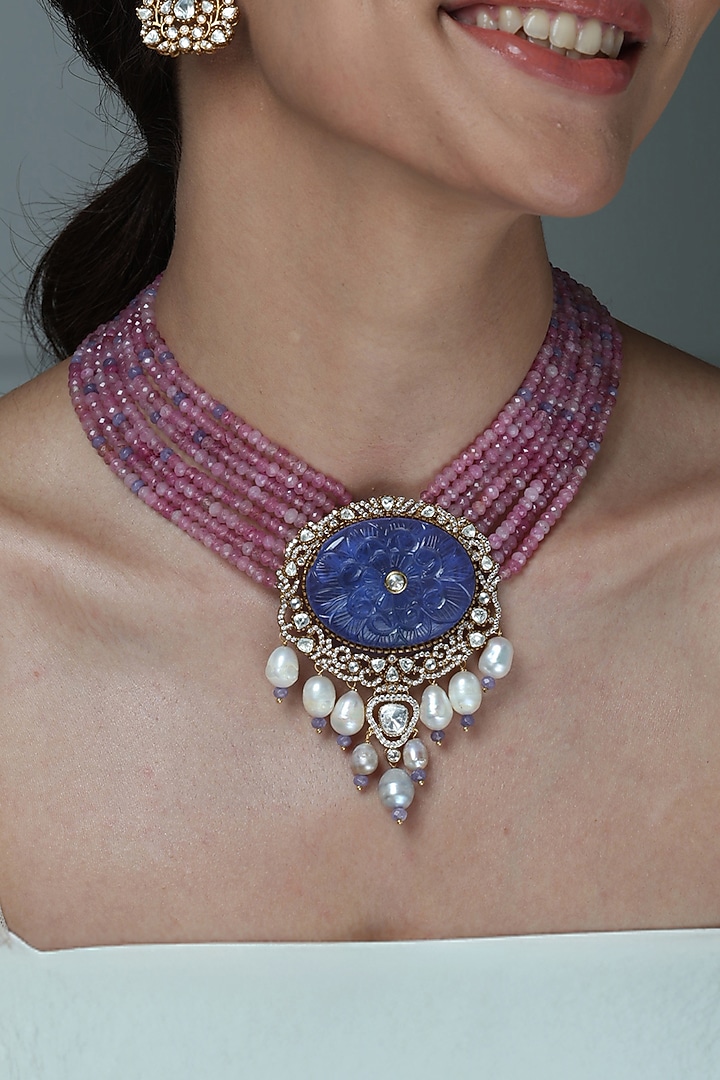 Gold Finish Lavender Beaded & Lapis Lazuli Necklace by Joules By Radhika at Pernia's Pop Up Shop
