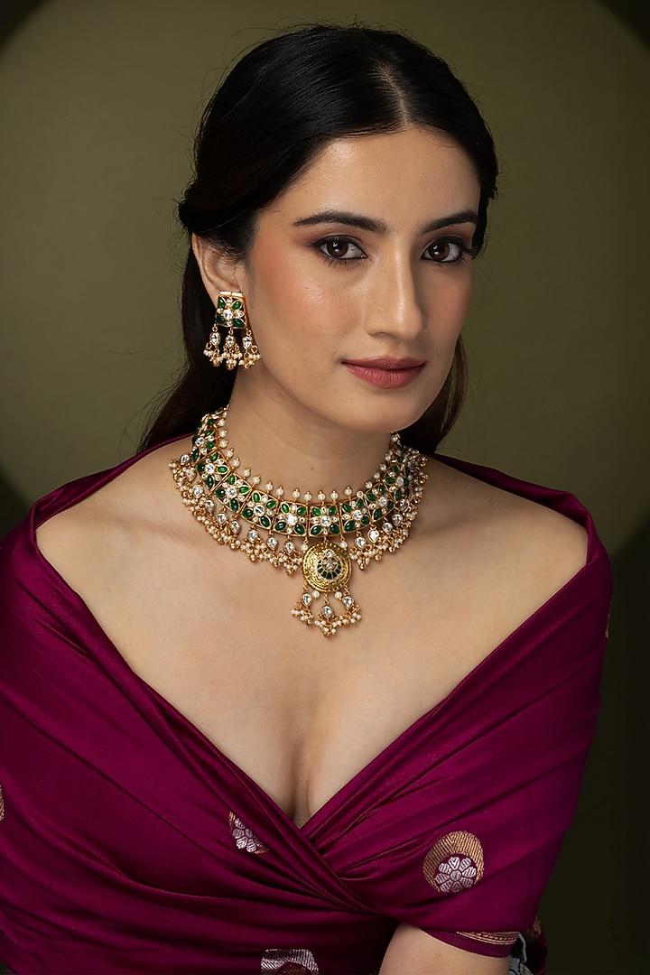 Gold Finish Kundan Polki & Green Stone Necklace Set by Joules By Radhika at Pernia's Pop Up Shop