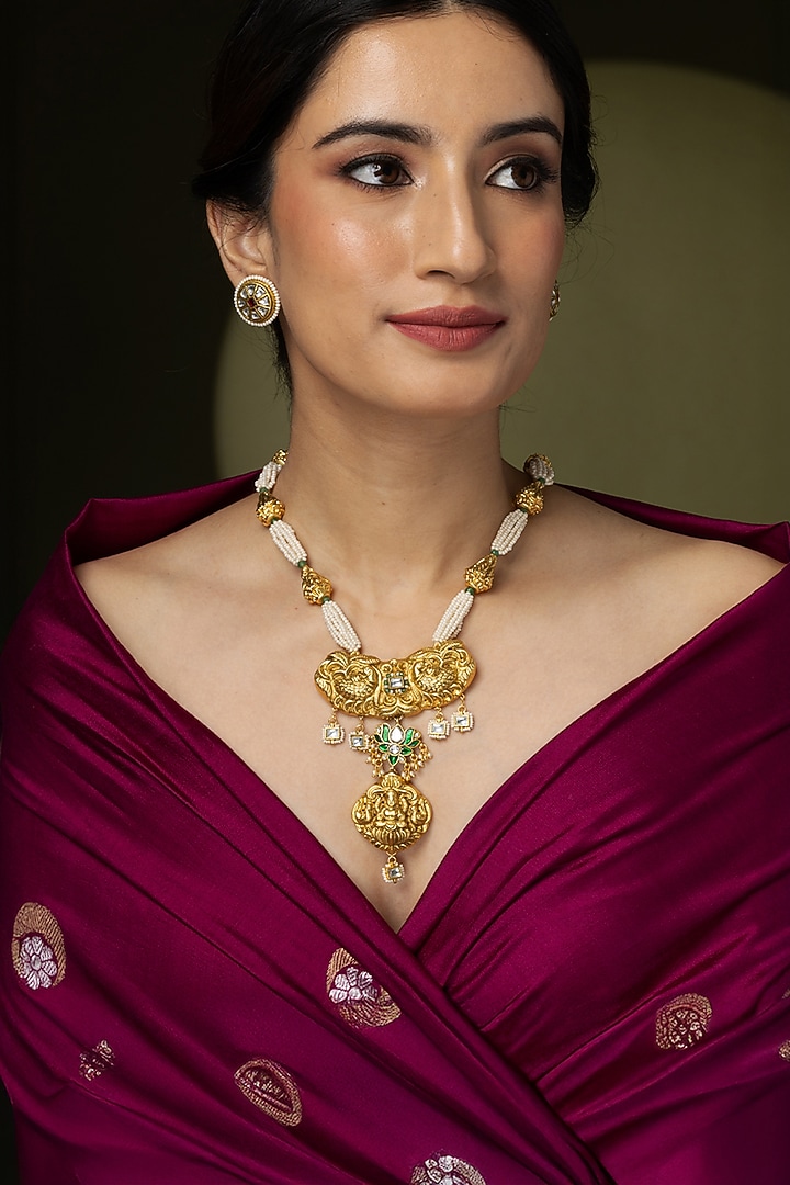 Gold Finish White Pearl & Gold Beaded Pendant Necklace by Joules By Radhika at Pernia's Pop Up Shop